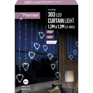 Premier 1.2 x 1.2m LED Pin Wire Heart V Shape Curtain - White